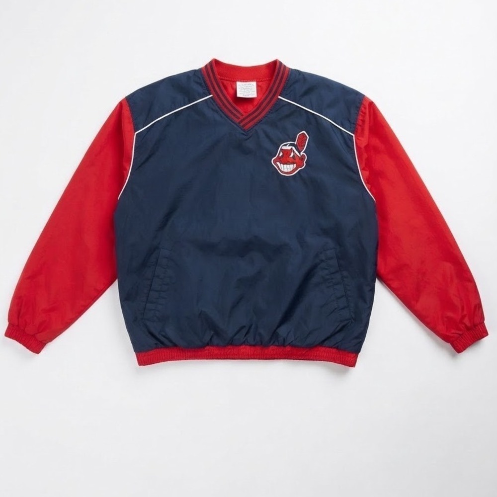 MLB Cleveland Indians V-Neck Pullover Windbreaker Navy Red Large Chief Wahoo